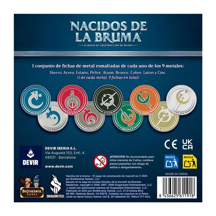 Devir Nacidos de la Bruma Fichas de Metal Esmaltadas Set Oficial 9 Metales Alománticos con Estuche Magnético, Accesorio Juego de Mazos