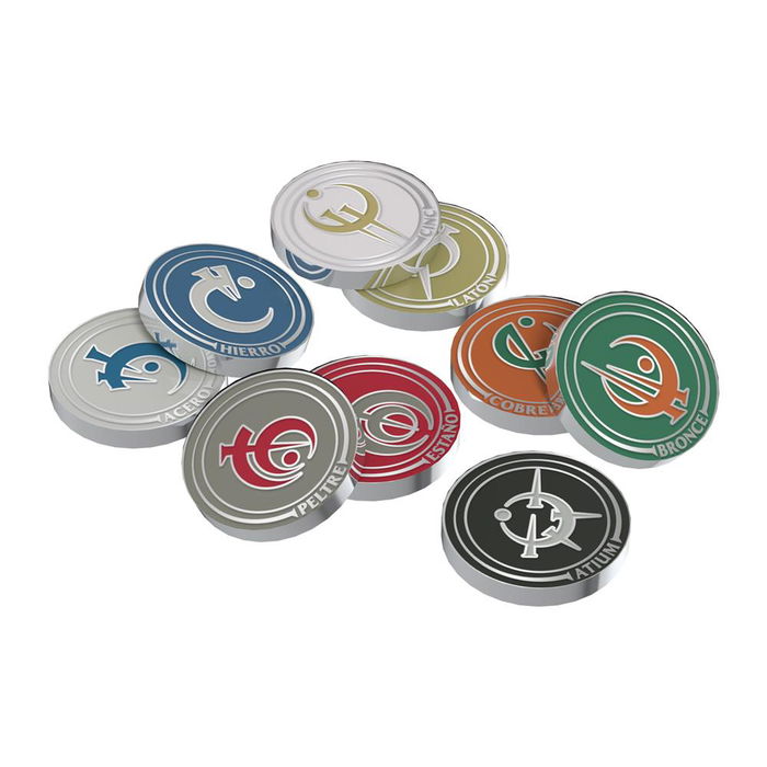 Devir Nacidos de la Bruma Fichas de Metal Esmaltadas Set Oficial 9 Metales Alománticos con Estuche Magnético, Accesorio Juego de Mazos