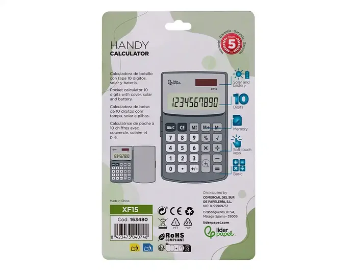 Liderpapel Calculadora Bolsillo XF15 10 Dígitos Solar y Pila Color Gris 123x75x12 mm