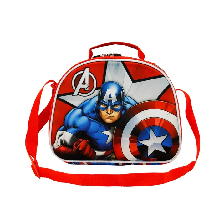 Marvel Capitán América Bolsa Portamerienda 3D Gravity Infantil Rojo Isotérmica con Forro para Conservar Alimentos Cierre Cremallera Asa Bandolera Ajustable