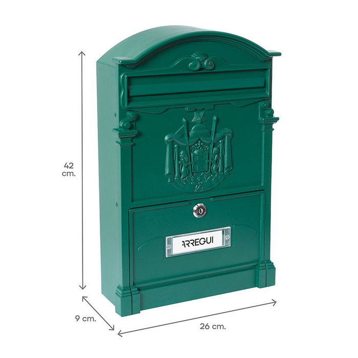 Arregui Residencia - Buzón Individual Exterior Mediano para A4, Aluminio y Acero, Verde, Apertura Puerta Vertical, Incluye Tarjetero y Tornillos, 26 x 9 x 42 cm