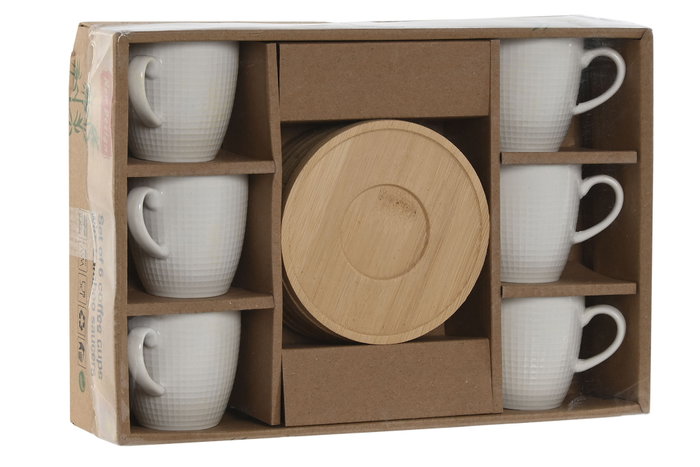 DKD Home Decor Tazas de Café Set de 6 Porcelana y Bambú Blanco 5.7 x 5.8 x 7.8 cm 90ml
