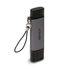 Lindy 43335 Lector de Tarjetas USB 3.2 Gen 1 Type-C y Type-A para SD y microSD, Velocidad 5000 Mbit/s, Negro/Gris