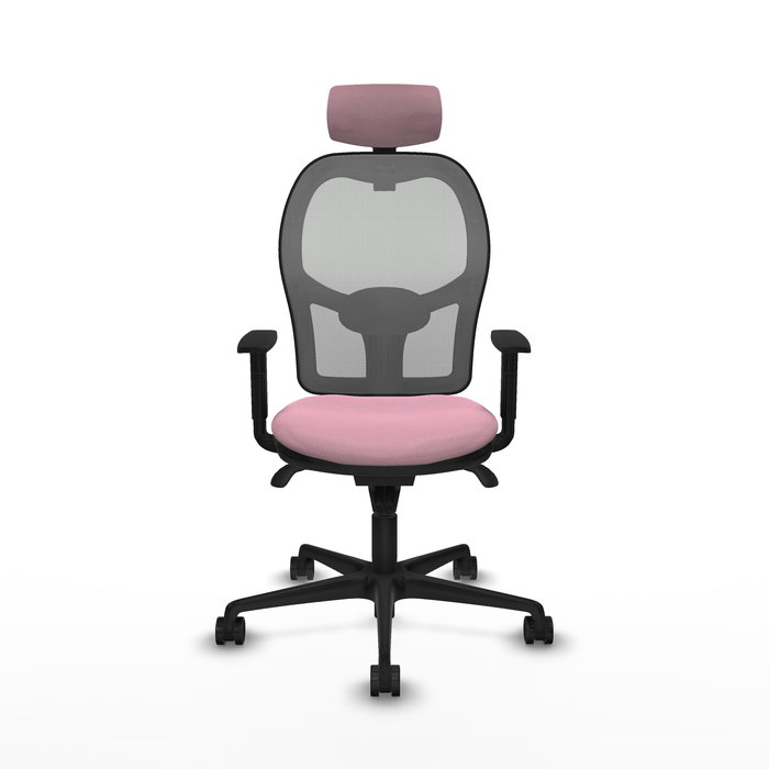 Silla de oficina Jorquera con mecanismo Sincro tapizada con Tela color Rosa y malla color Gris. Equipada con lumbar 1D, Brazos 1D, Cabecero 2D y Ruedas 65mm nailon
