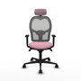 Silla de oficina Jorquera con mecanismo Sincro tapizada con Tela color Rosa y malla color Gris. Equipada con lumbar 1D, Brazos 1D, Cabecero 2D y Ruedas 65mm nailon