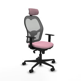 Silla de oficina Jorquera con mecanismo Sincro tapizada con Tela color Rosa y malla color Gris. Equipada con lumbar 1D, Brazos 1D, Cabecero 2D y Ruedas 65mm nailon