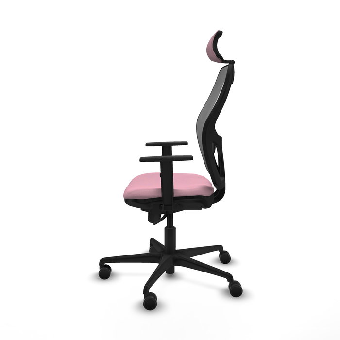 Silla de oficina Jorquera con mecanismo Sincro tapizada con Tela color Rosa y malla color Gris. Equipada con lumbar 1D, Brazos 1D, Cabecero 2D y Ruedas 65mm nailon