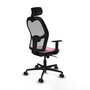 Silla de oficina Jorquera con mecanismo Sincro tapizada con Tela color Rosa y malla color Gris. Equipada con lumbar 1D, Brazos 1D, Cabecero 2D y Ruedas 65mm nailon