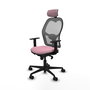 Silla de oficina Jorquera con mecanismo Sincro tapizada con Tela color Rosa y malla color Gris. Equipada con lumbar 1D, Brazos 1D, Cabecero 2D y Ruedas 65mm nailon
