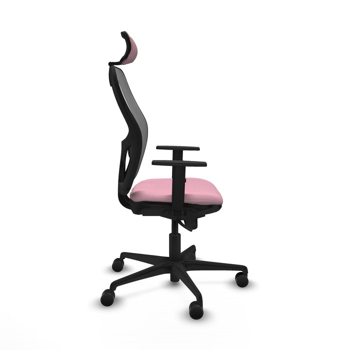 Silla de oficina Jorquera con mecanismo Sincro tapizada con Tela color Rosa y malla color Gris. Equipada con lumbar 1D, Brazos 1D, Cabecero 2D y Ruedas 65mm nailon