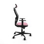 Silla de oficina Jorquera con mecanismo Sincro tapizada con Tela color Rosa y malla color Gris. Equipada con lumbar 1D, Brazos 1D, Cabecero 2D y Ruedas 65mm nailon