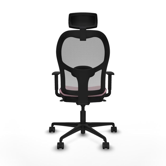 Silla de oficina Jorquera con mecanismo Sincro tapizada con Tela color Rosa y malla color Gris. Equipada con lumbar 1D, Brazos 1D, Cabecero 2D y Ruedas 65mm nailon