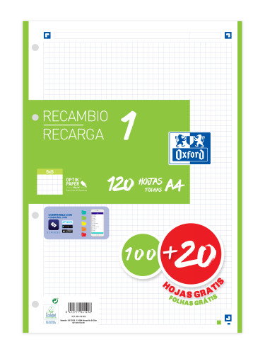 Oxford Recambio Classic A4 120 Hojas 5x5mm Banda Verde Oxford Recambio Classic A4 120 Hojas 5x5mm Banda Verde