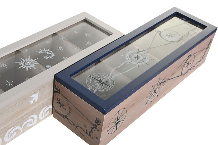DKD Home Decor Stella Maris Caja de Infusiones, Estilo Atlántico, Azul y Blanco, 30 x 9 x 8 cm