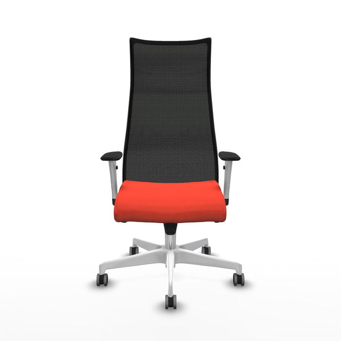 Sillón Albacete con mecanismo Sincro tapizada con Tela color Naranja oscuro y malla color Negro. Equipado con Base poliamida blanca, Brazos 1D y Ruedas 65 mm parqué