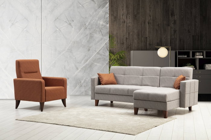 Atelier Del Sofa Polya L sofá esquinero Gris Claro, 216cm ancho, 130cm profundo, Silla Wing 75cm ancho, 102cm alto. Comodidad y Diseño.