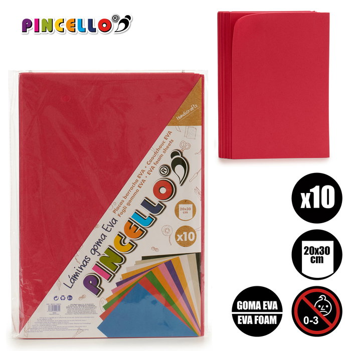 Pincello Juego 10 Laminas Goma Eva Rojo 20 cm x 30 cm (Set de 24)