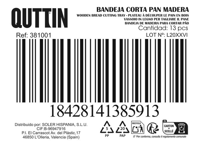 QUTTIN Bandeja Cortapan de Madera 33,5x22x3cm