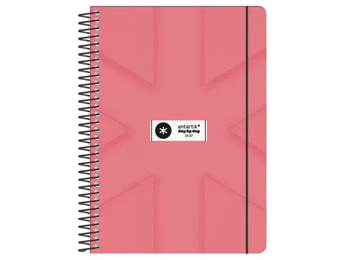 Antartik Agenda Escolar 2026-2027 Bilingüe Español, Espiral, Día Página A5+, Color Rosa Coral, Papel FSC 80 g, Con Gomilla y Bolsillo