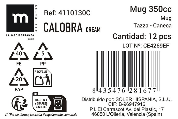La Mediterranea Taza Calobra Crema 350cc (36 Unidades)