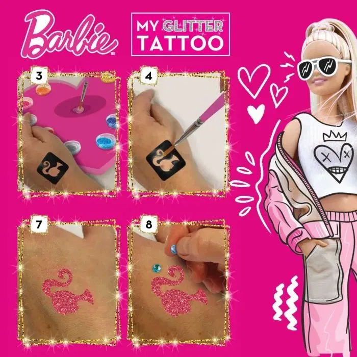 Lisciani Giochi Kit de Tatuajes con Purpurina de Barbie - Crea Tatuajes Coloridos y Brillantes