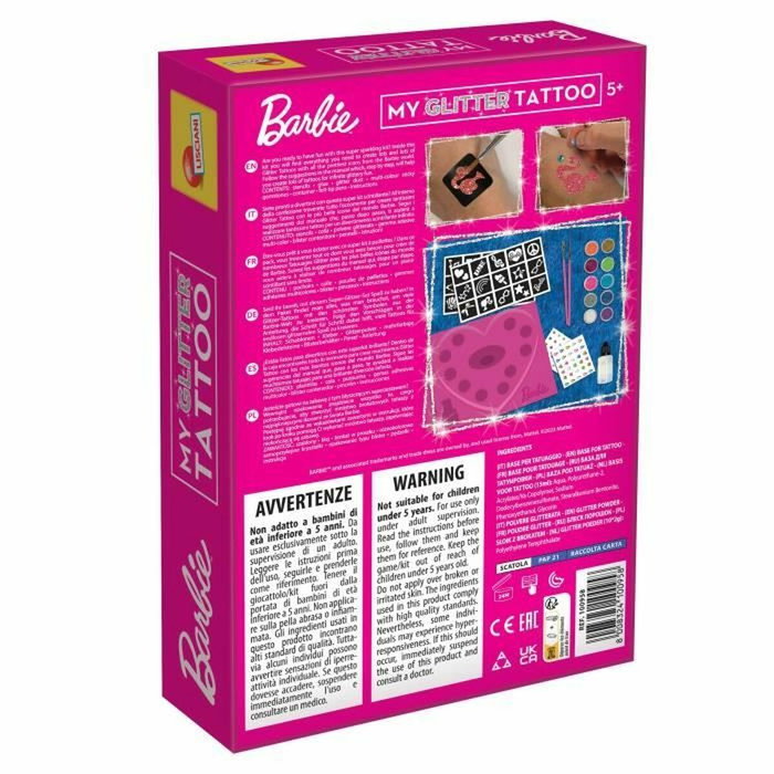 Lisciani Giochi Kit de tatuajes con purpurina de Barbie con piedras preciosas adhesivas