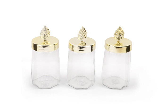 Hermia PLTN112 Set de 6 Cajas de Almacenaje de Cristal Transparente y Dorado 9x9x20 cm 700 cc Hermia PLTN112 Set de 6 Cajas de Almacenaje de Cristal Transparente y Dorado 9x9x20 cm 700 cc