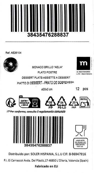 La Mediterranea Plato Postre Aelia Ø20 cm Monaco Brillo (12 Unidades)