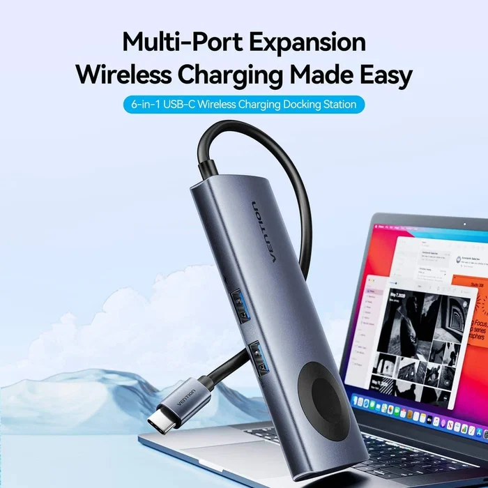 Vention Docking USB Tipo-C con Carga Inalámbrica TPMHB Gris