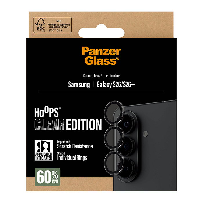 PanzerGlass Hoops Protector de Lente de Cámara Transparente para Samsung Galaxy S26 y S26+, Aplicación en Seco, Resistente a Golpes y Rayones