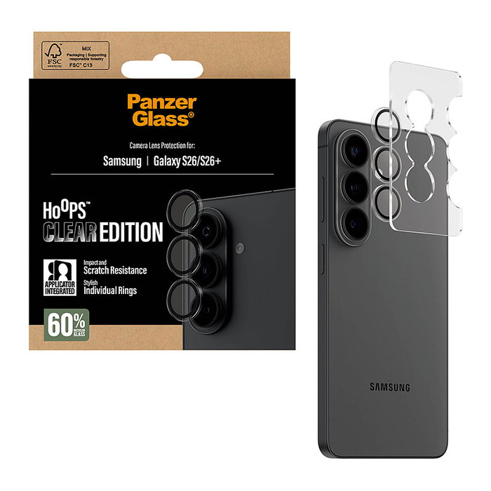 PanzerGlass Hoops Protector de Lente de Cámara Transparente para Samsung Galaxy S26 y S26+, Aplicación en Seco, Resistente a Golpes y Rayones