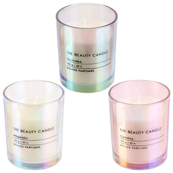 Home Deco Factory Vela Perfumada Beauty Candle Vidrio Iridescente Aromas Surtidos Cera 140g 25h 6.8x8.3cm