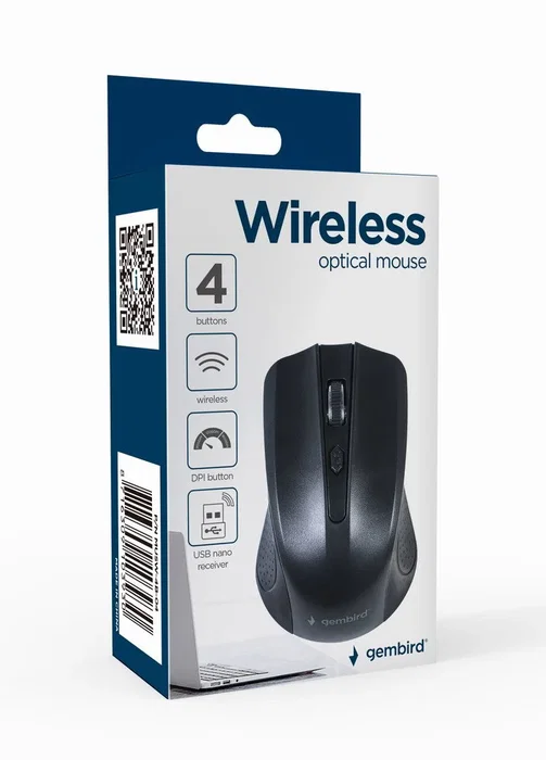 Gembird MUSW-4B-04 Ratón Óptico Inalámbrico Ambidextro para Oficina, 4 Botones, 1600 DPI, Negro, RF 2.4GHz con Nanorreceptor USB