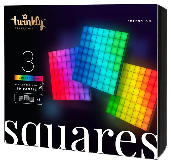 Twinkly Squares Extension Kit - Kit de iluminación LED inteligente Wi-Fi/Bluetooth, Negro, 64 LEDs, Control por voz con Alexa, Google Assistant y HomeKit