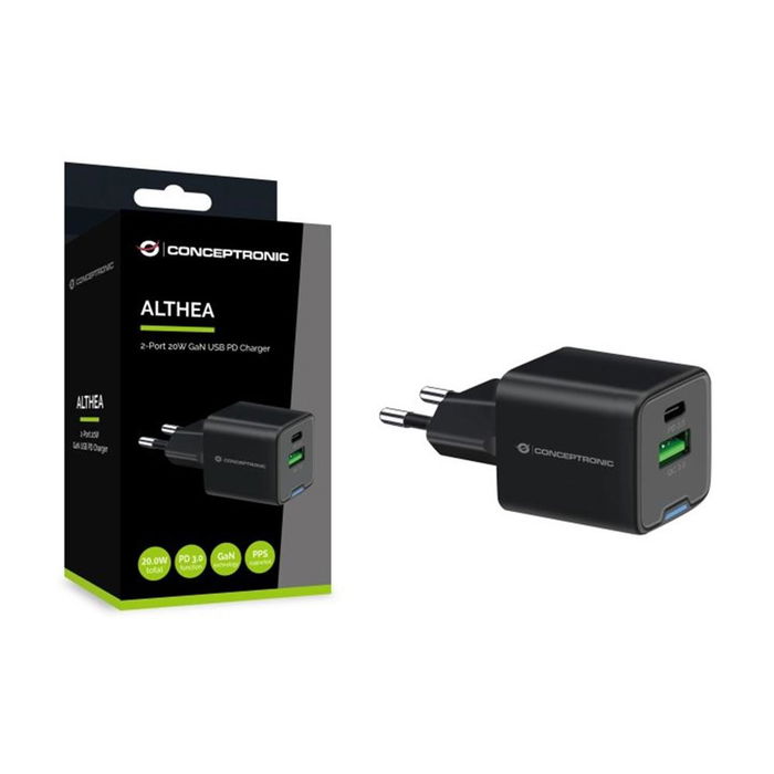 Conceptronic Althea15B Cargador de Pared USB 20 W Negro - Cargador Rápido Universal con 2 Puertos