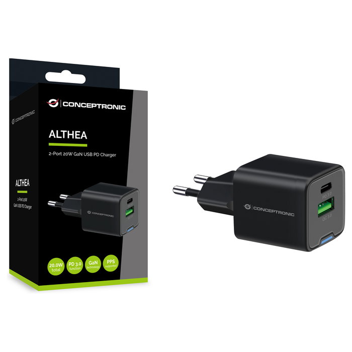 Conceptronic ALTHEA15B Cargador GaN de 20W con 2 Puertos (USB-C y USB-A) Conceptronic ALTHEA15B Cargador GaN de 20W con 2 Puertos (USB-C y USB-A)