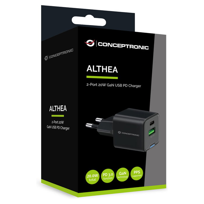 Conceptronic ALTHEA15B Cargador GaN de 20W con 2 Puertos (USB-C y USB-A) Conceptronic ALTHEA15B Cargador GaN de 20W con 2 Puertos (USB-C y USB-A)