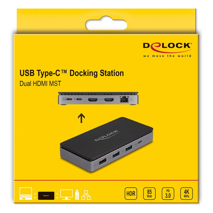DeLOCK Estación de Acoplamiento USB-C 4K, 2x HDMI, 7 Puertos, LAN Gigabit, Carga PD 85W - USB-C Docking Station para Windows, Mac, Linux, Android
