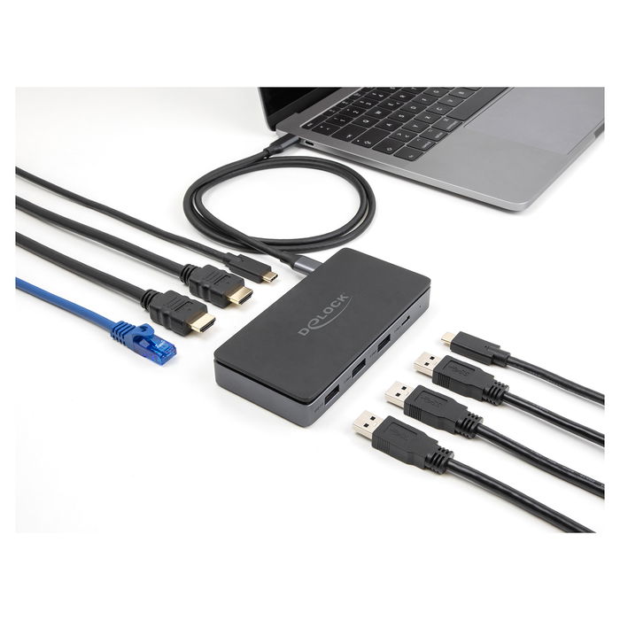 DeLOCK Estación de Acoplamiento USB-C 4K, 2x HDMI, 7 Puertos, LAN Gigabit, Carga PD 85W - USB-C Docking Station para Windows, Mac, Linux, Android