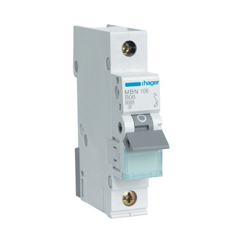 Hager MBN106 Interruptor magnetotérmico 1P 6A 6kA B Hager MBN106 Interruptor magnetotérmico 1P 6A 6kA B