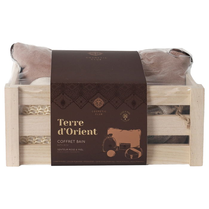 Cosmetic Club Juego de 5 Piezas Baño: Caja de Madera, Cojín, Esponja, Jabón y Sales Aroma Rosa y Miel