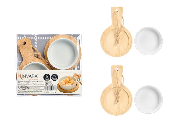 Kinvara Set 2 Bol Soporte Aperitivo Redondo Porcelana y Bambú 18x17.5x3.5 cm (Set de 24)