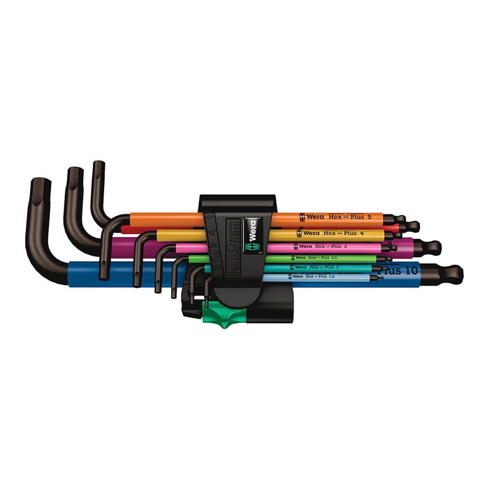 Wera Juego de 9 Llaves Allen Acodadas Métricas Hex-Plus, Multicolor, Tallas 1.5-10mm con Mangos Ergonómicos