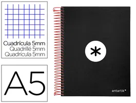 Antartik Cuaderno espiral micro A5 120 hojas cuadro 5mm 90gr tapa forrada negro