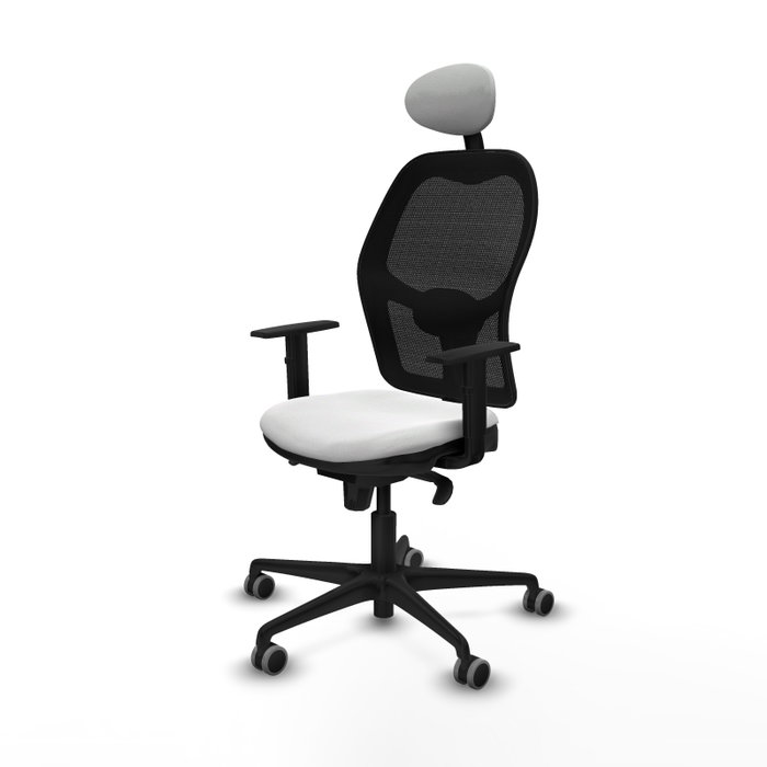 Silla de oficina Jorquera con mecanismo Sincro tapizada con Tela color Blanco y malla color Negro. Equipada con lumbar 1D, Brazos 1D, Cabecero Fijo y Ruedas 65 mm parqué Silla de oficina Jorquera con mecanismo Sincro tapizada con Tela color Blanco y malla color Negro. Equipada con lumbar 1D, Brazos 1D, Cabecero Fijo y Ruedas 65 mm parqué