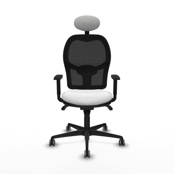 Silla de oficina Jorquera con mecanismo Sincro tapizada con Tela color Blanco y malla color Negro. Equipada con lumbar 1D, Brazos 1D, Cabecero Fijo y Ruedas 65 mm parqué Silla de oficina Jorquera con mecanismo Sincro tapizada con Tela color Blanco y malla color Negro. Equipada con lumbar 1D, Brazos 1D, Cabecero Fijo y Ruedas 65 mm parqué