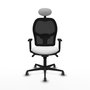 Silla de oficina Jorquera con mecanismo Sincro tapizada con Tela color Blanco y malla color Negro. Equipada con lumbar 1D, Brazos 1D, Cabecero Fijo y Ruedas 65 mm parqué