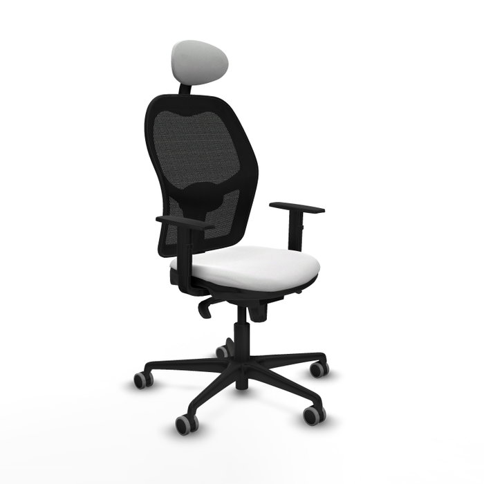 Silla de oficina Jorquera con mecanismo Sincro tapizada con Tela color Blanco y malla color Negro. Equipada con lumbar 1D, Brazos 1D, Cabecero Fijo y Ruedas 65 mm parqué Silla de oficina Jorquera con mecanismo Sincro tapizada con Tela color Blanco y malla color Negro. Equipada con lumbar 1D, Brazos 1D, Cabecero Fijo y Ruedas 65 mm parqué