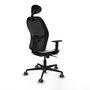 Silla de oficina Jorquera con mecanismo Sincro tapizada con Tela color Blanco y malla color Negro. Equipada con lumbar 1D, Brazos 1D, Cabecero Fijo y Ruedas 65 mm parqué