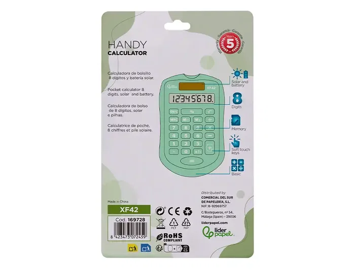 Liderpapel Calculadora Bolsillo XF42 8 Dígitos Solar y Pilas Color Verde 94x59,5x10,5mm